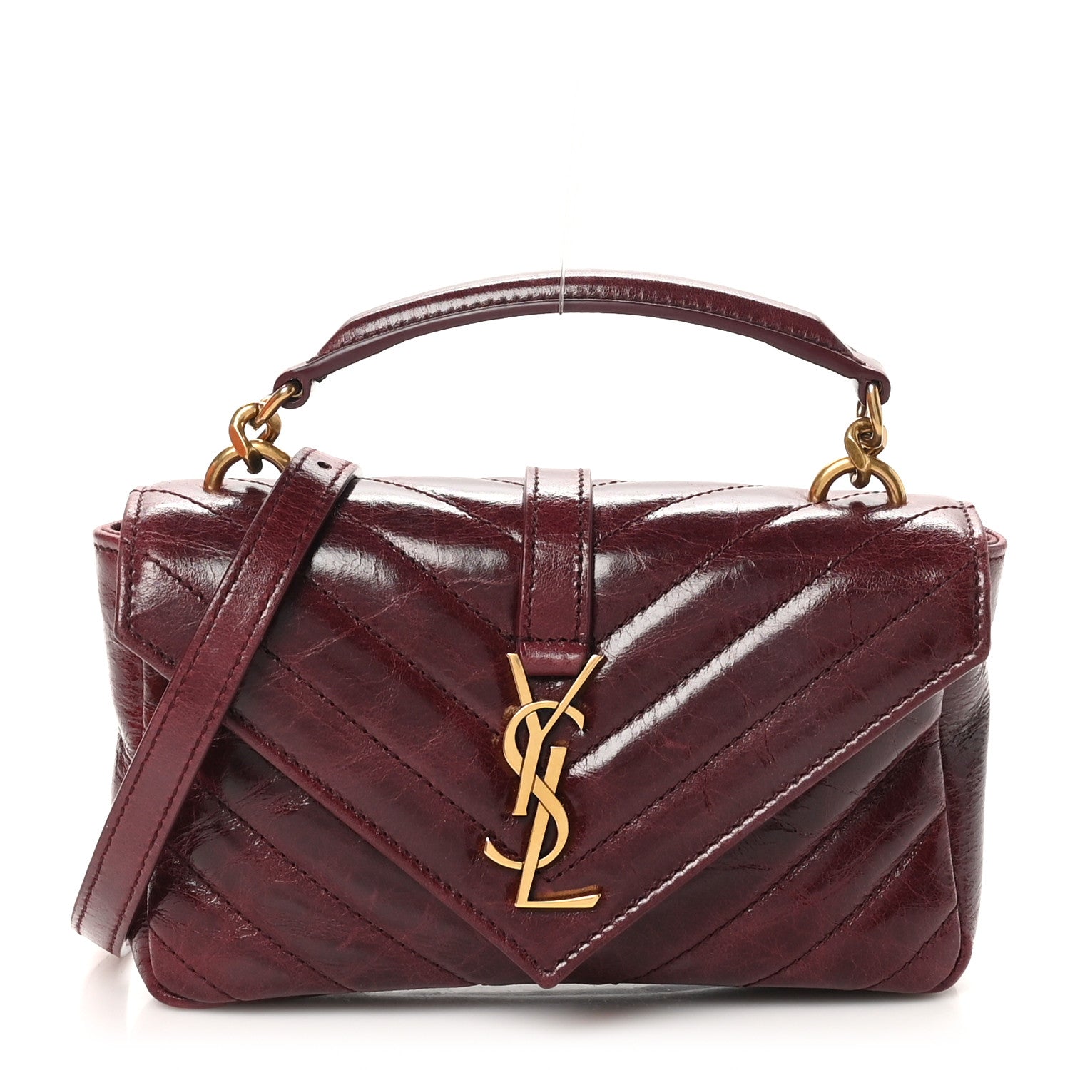 Saint Laurent Shiny Calfskin Matelasse Chevron Monogram Mini College Bag Deep Hot Wine 1 of 11