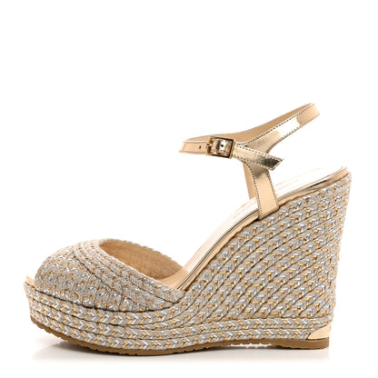 Jimmy Choo Metallic Raffia 120 Wedge Sandals 42 Gold 1 of 7