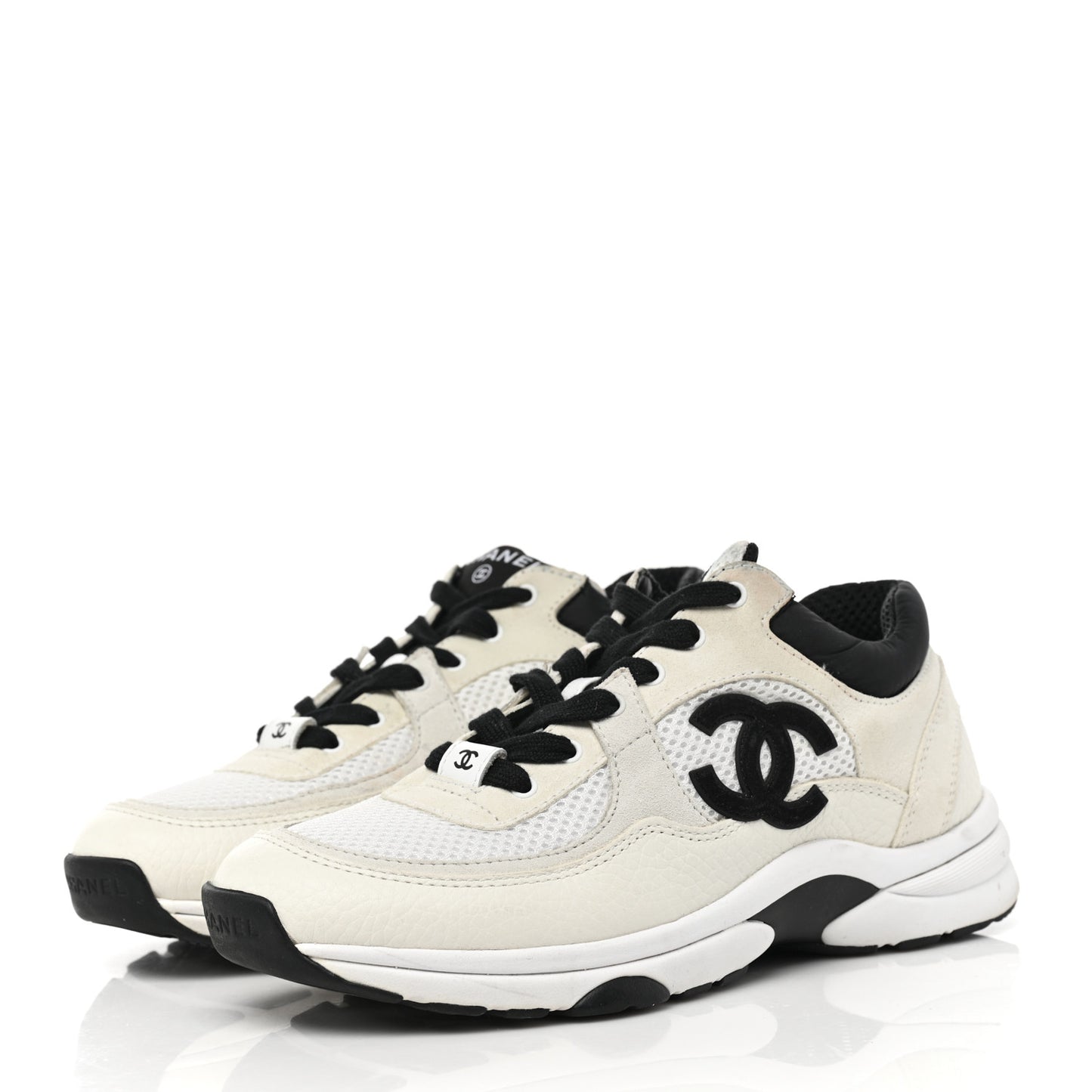Mesh Suede Grained Calfskin Womens CC Sneakers 38 Black White
