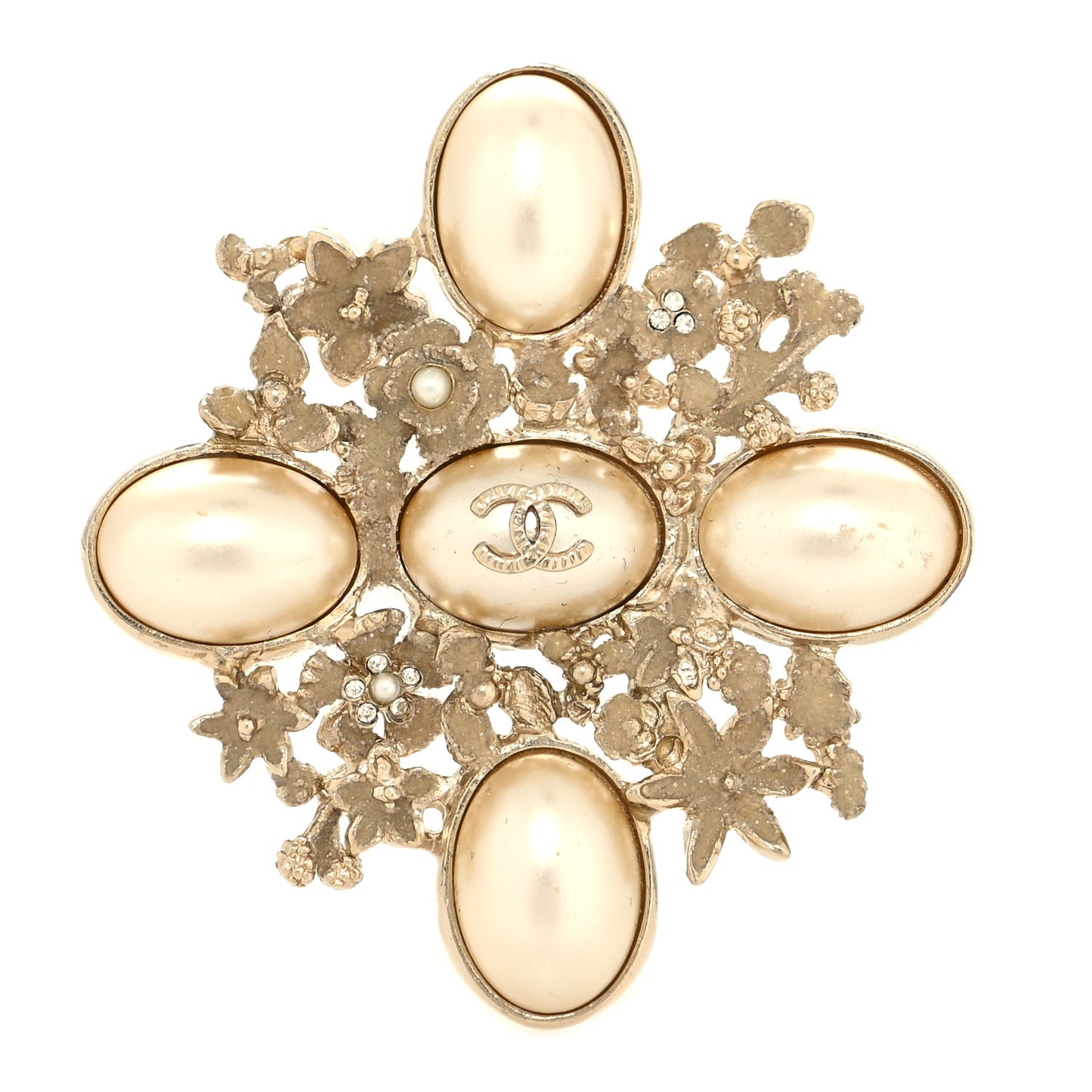 Crystal Mother of Pearl CC Flower Brooch Gold