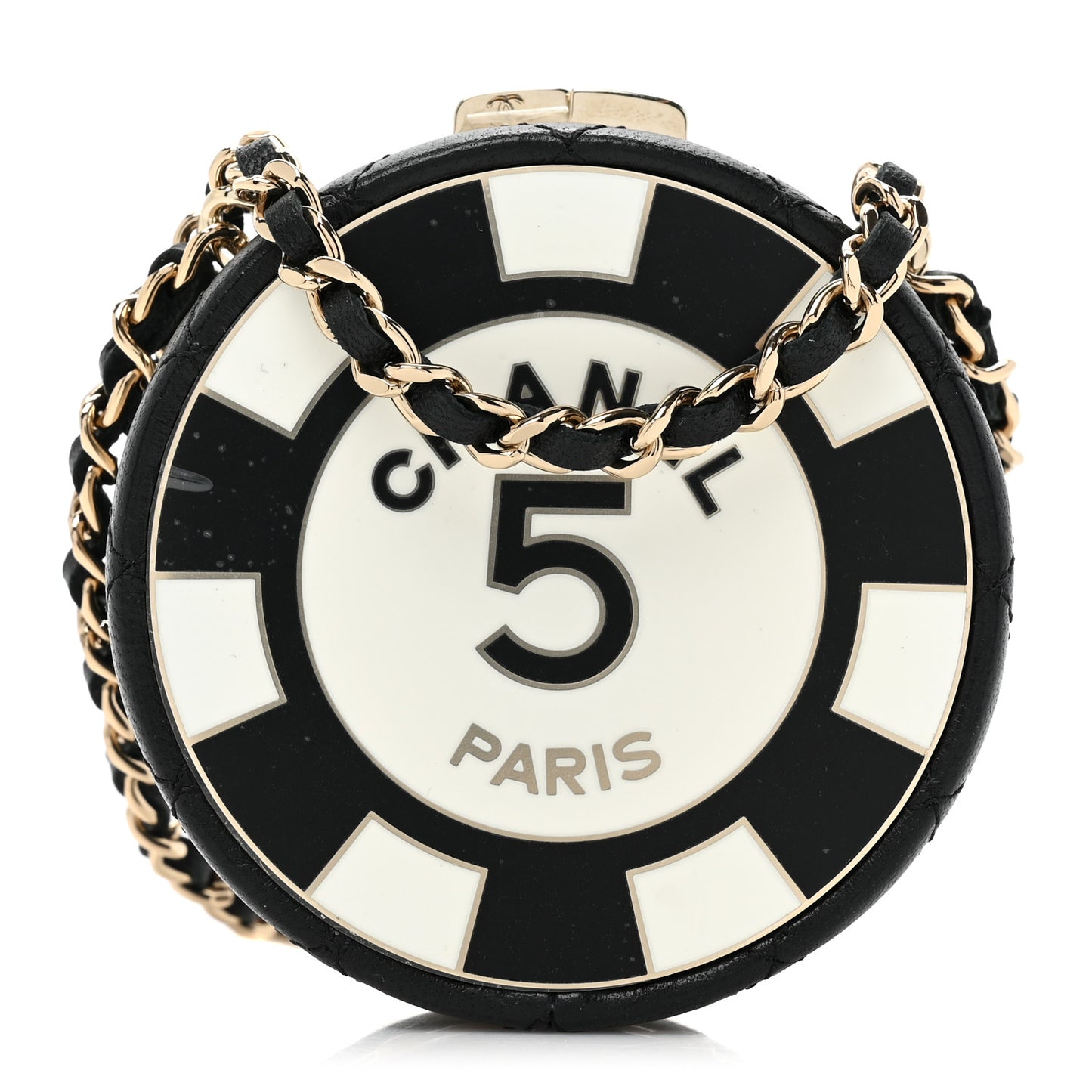 Lambskin Enamel Quilted Round Poker Chip Clutch With Chain Black White