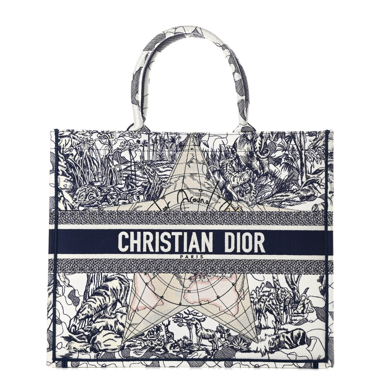 Christian Dior Canvas Embroidered Large Around The World Book Tote Blue 1 of 11