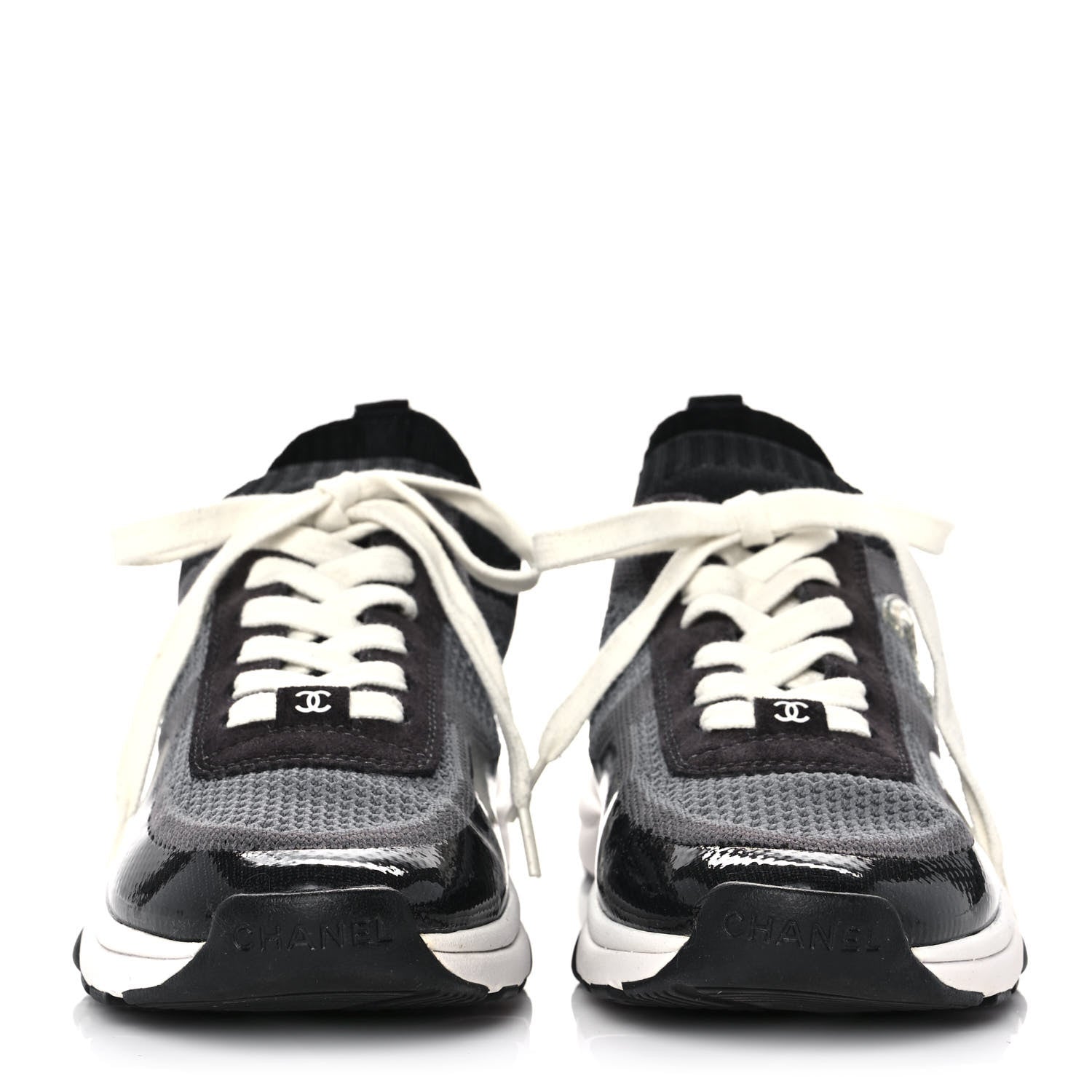 Chanel Fabric Suede Calfskin Stretch CC Sneakers 38 Black Grey 2 of 9