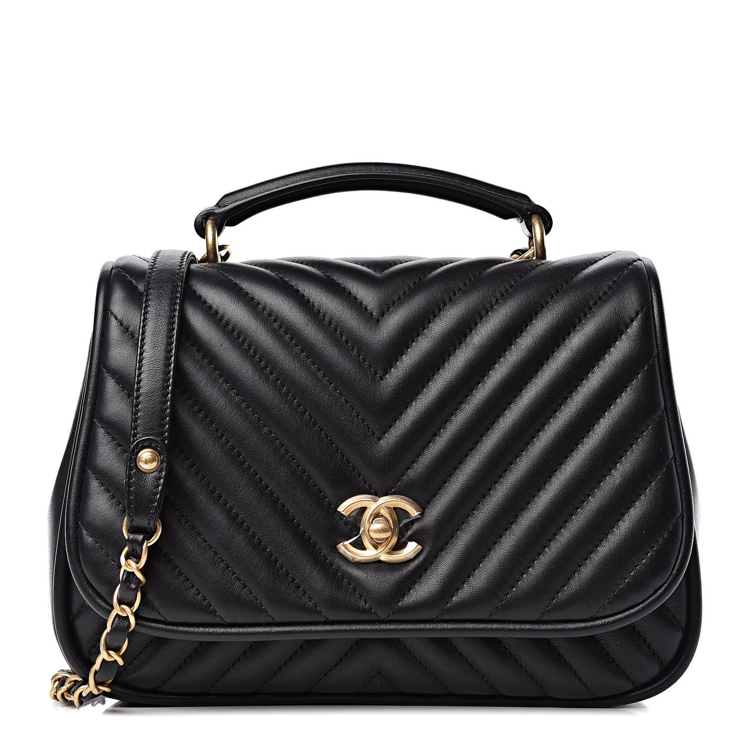 Chanel Lambskin Reverse Chevron Quilted Round Top Handle Flap Black 1 of 10