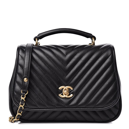 Chanel Lambskin Reverse Chevron Quilted Round Top Handle Flap Black 1 of 10