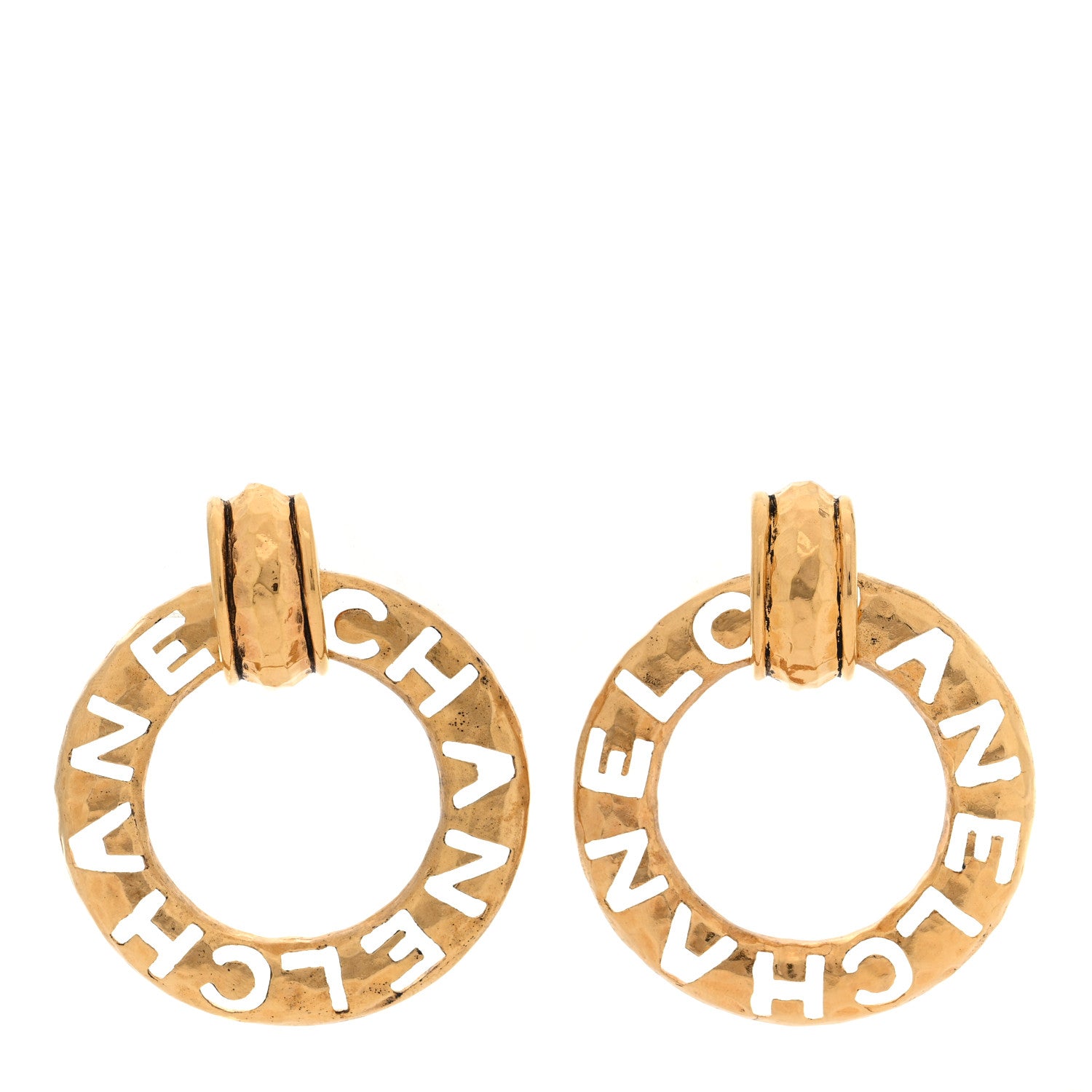 Chanel Hammered Metal Logo Cut Out Door Knocker Clip On Earrings Gold 1 of 4