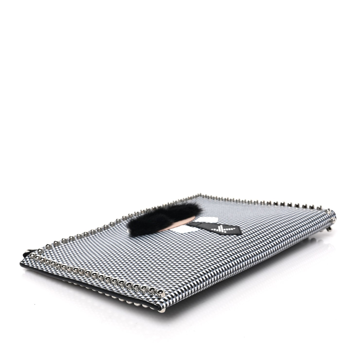 Calfskin Mink Fur Studded Karlito Zip Around Pouch Black White