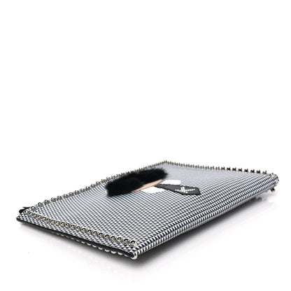 Fendi Calfskin Mink Fur Studded Karlito Zip Around Pouch Black White 4 of 7