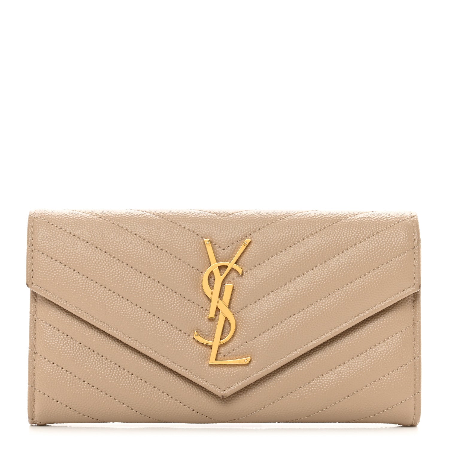 Saint Laurent Grain De Poudre Matelasse Chevron Monogram Flap Wallet Dark Beige 1 of 9