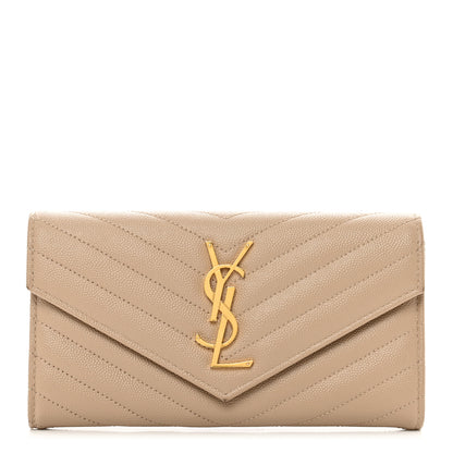 Saint Laurent Grain De Poudre Matelasse Chevron Monogram Flap Wallet Dark Beige 1 of 9