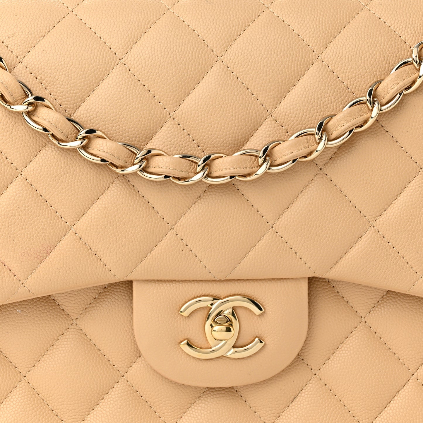 Caviar Quilted Jumbo Double Flap Light Beige