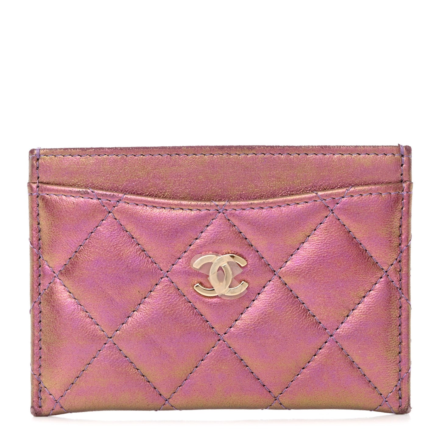 Iridescent Lambskin Quilted Card Holder Purple