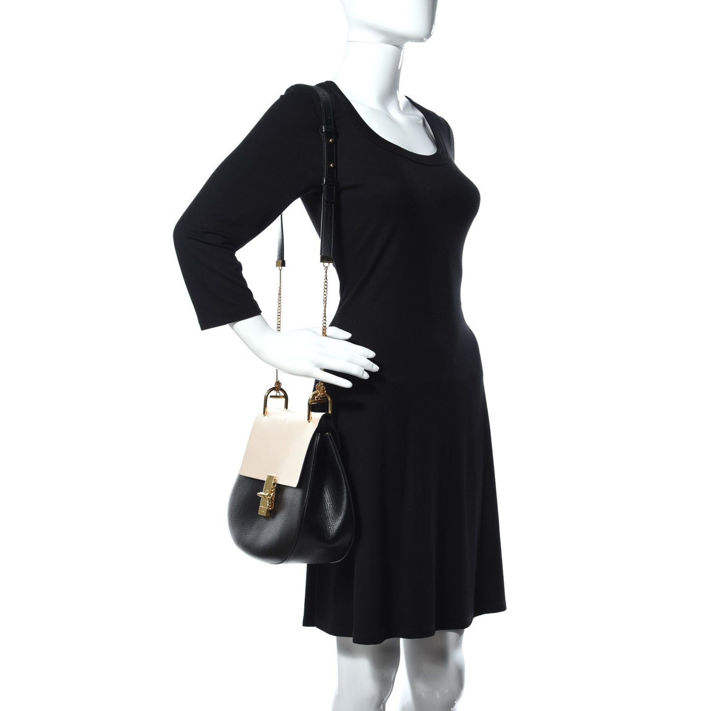 Grained Calfskin Lambskin Bi-Color Medium Drew Shoulder Bag Black Powder Beige