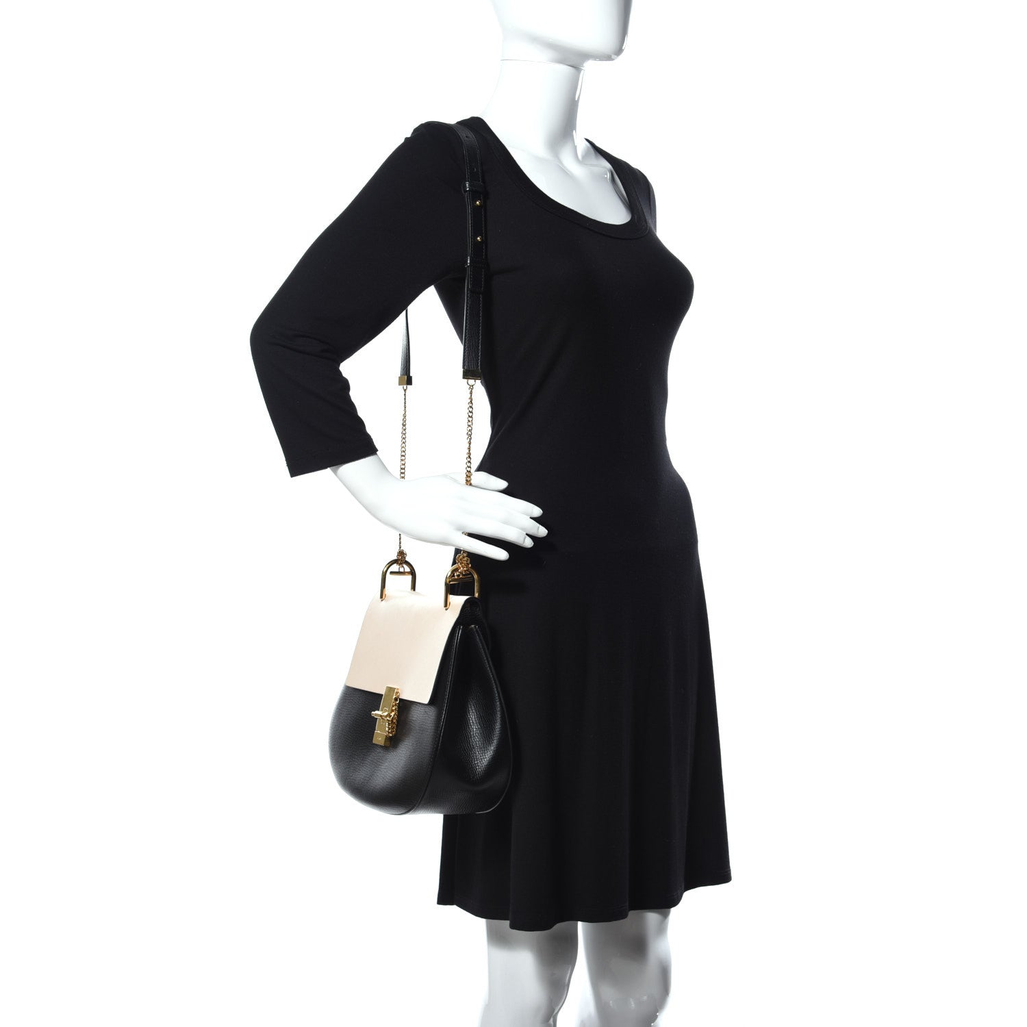 Chloe Grained Calfskin Lambskin Bi-Color Medium Drew Shoulder Bag Black Powder Beige 2 of 15