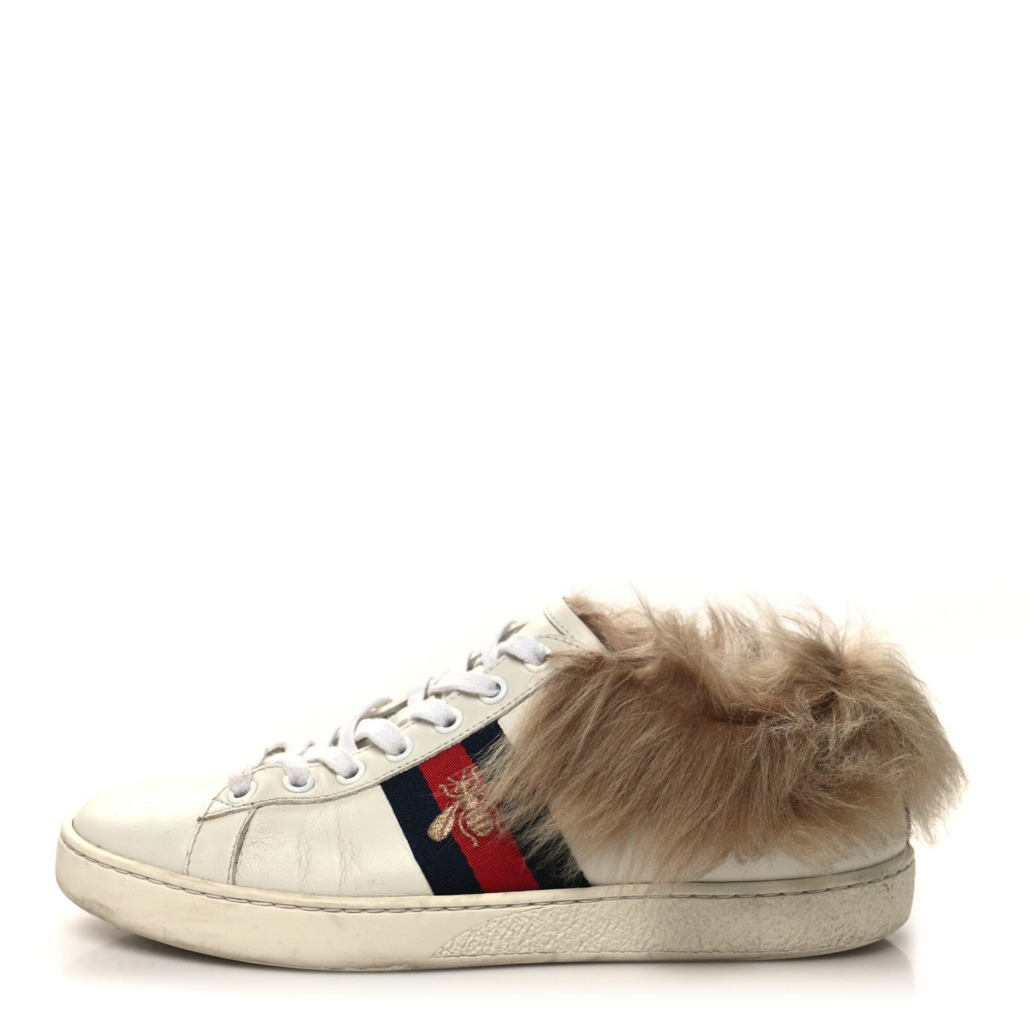 Gucci Calfskin Wool Web Bee Embroidered Womens Ace Sneakers 37.5 White 1 of 9