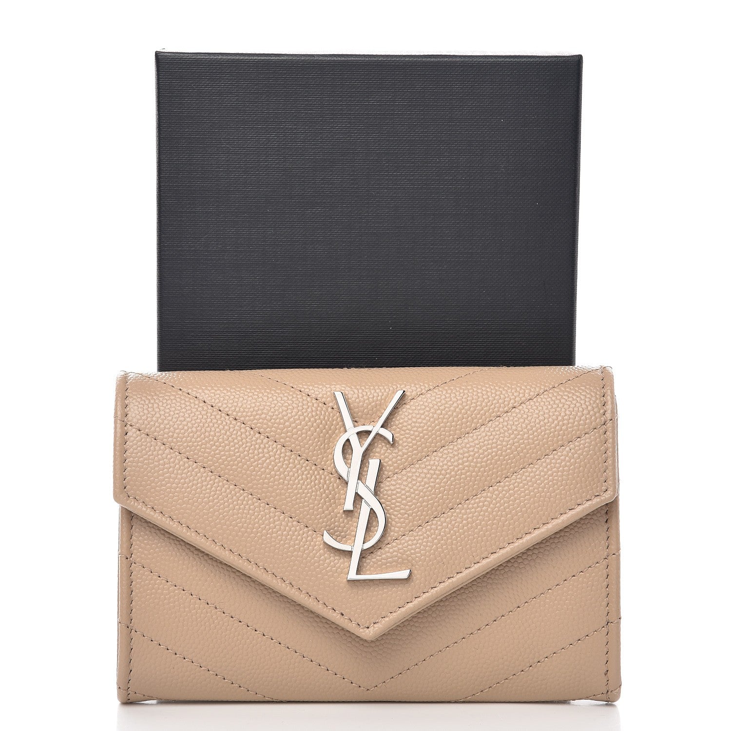 Saint Laurent Grain De Poudre Matelasse Chevron Small Monogram Envelope Wallet Dark Beige 7 of 7