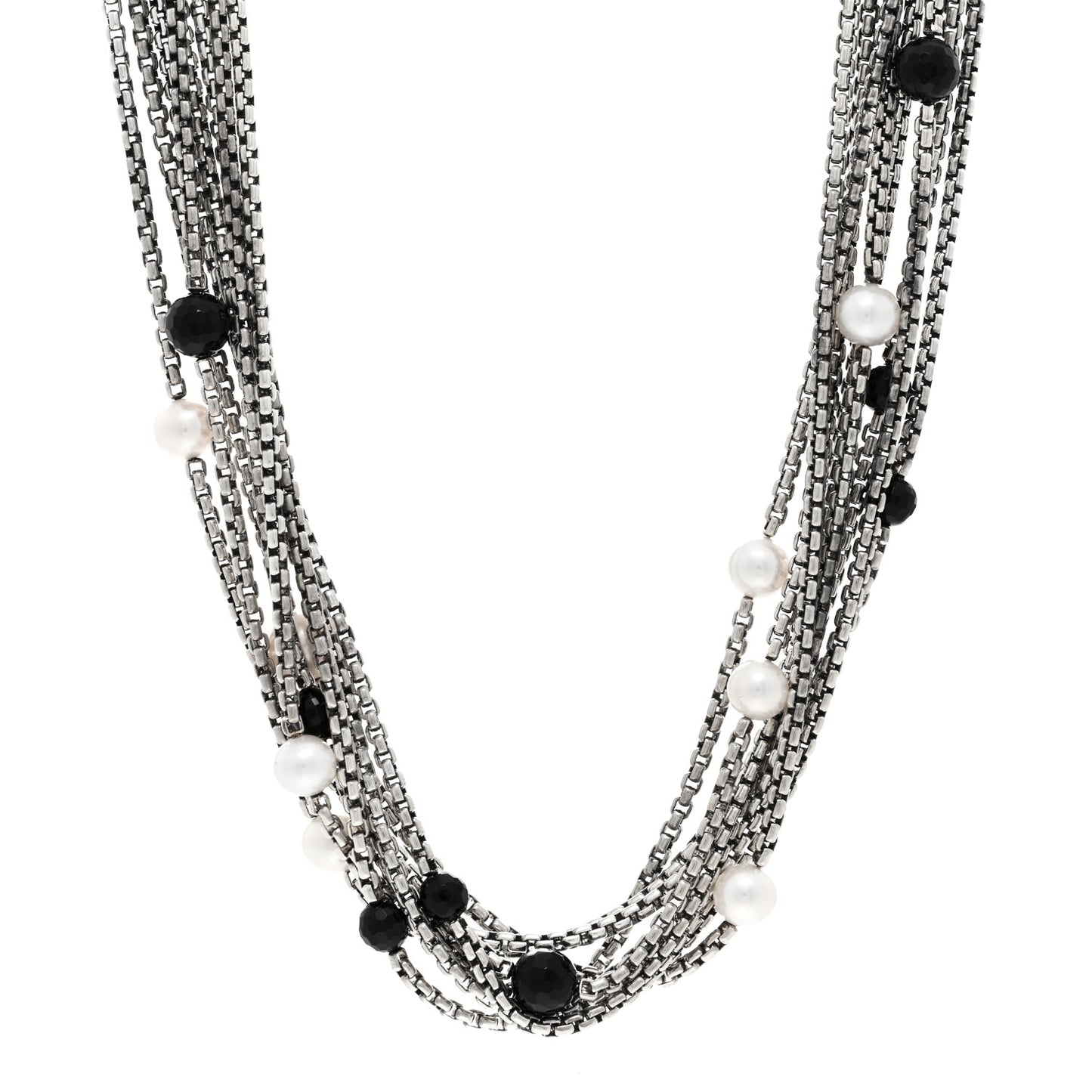 Sterling Silver 18K Yellow Gold Pearl Black Onyx Multi Strand Necklace