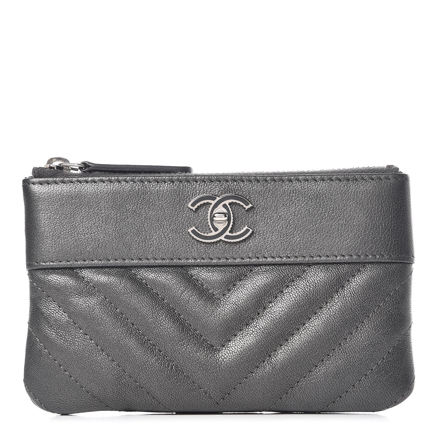 Chanel Sheepskin Chevron Quilted Small Vintage Mademoiselle Cosmetic Case Grey 1 of 8