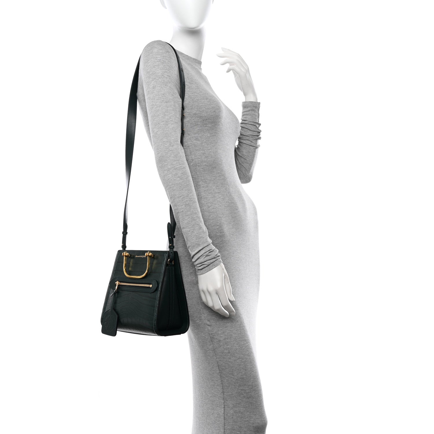 Alexander McQueen Crocodile Embossed Calfskin The Short Story Shoulder Bag Black 2 of 11
