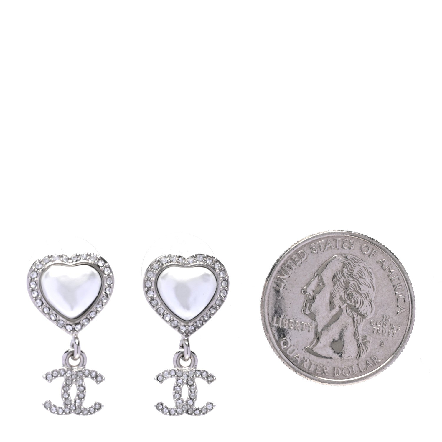 Chanel Pearl Crystal CC Heart Drop Earrings Silver 2 of 5