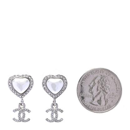 Chanel Pearl Crystal CC Heart Drop Earrings Silver 2 of 5