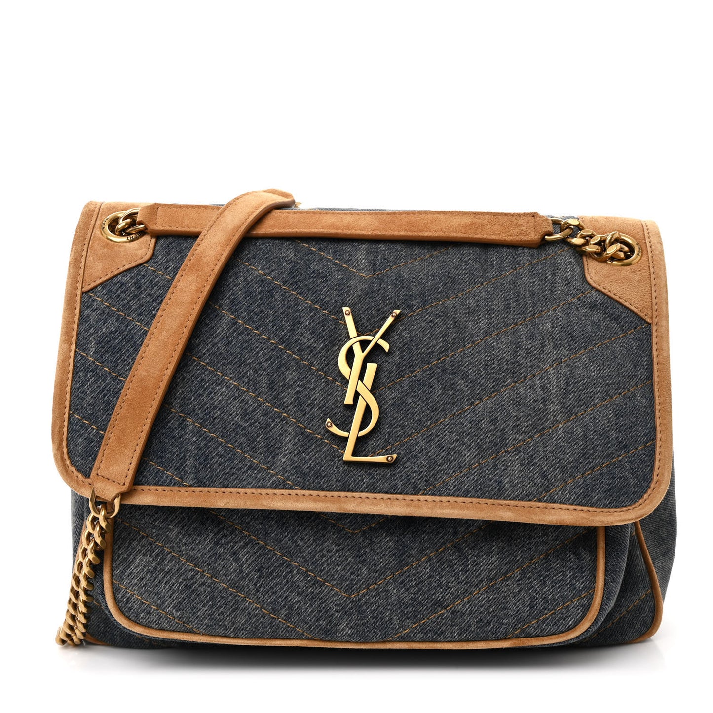 Denim Suede Monogram Medium Niki Chain Satchel Blue Cinnamon