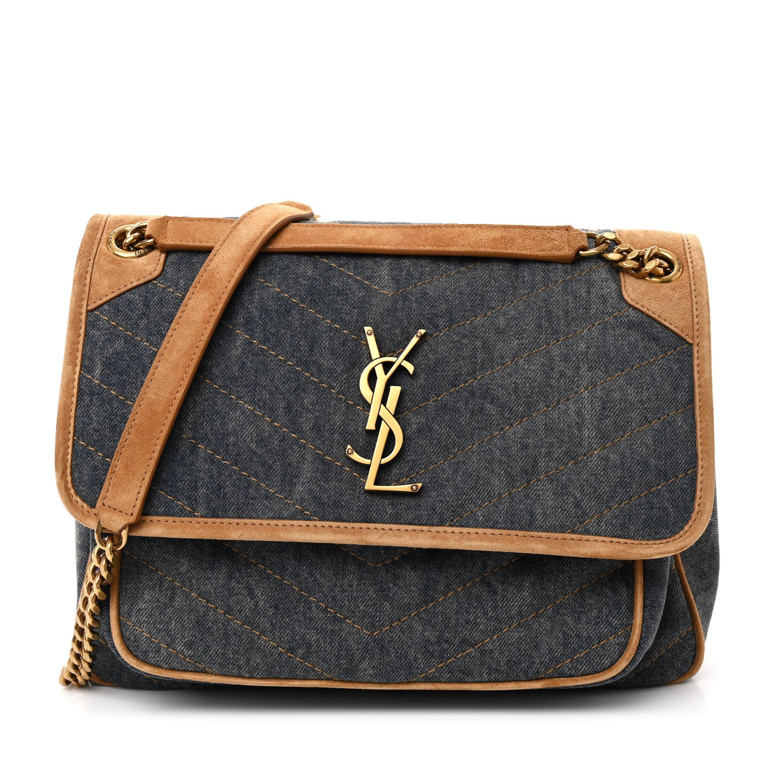 Saint Laurent Denim Suede Monogram Medium Niki Chain Satchel Blue Cinnamon 1 of 10