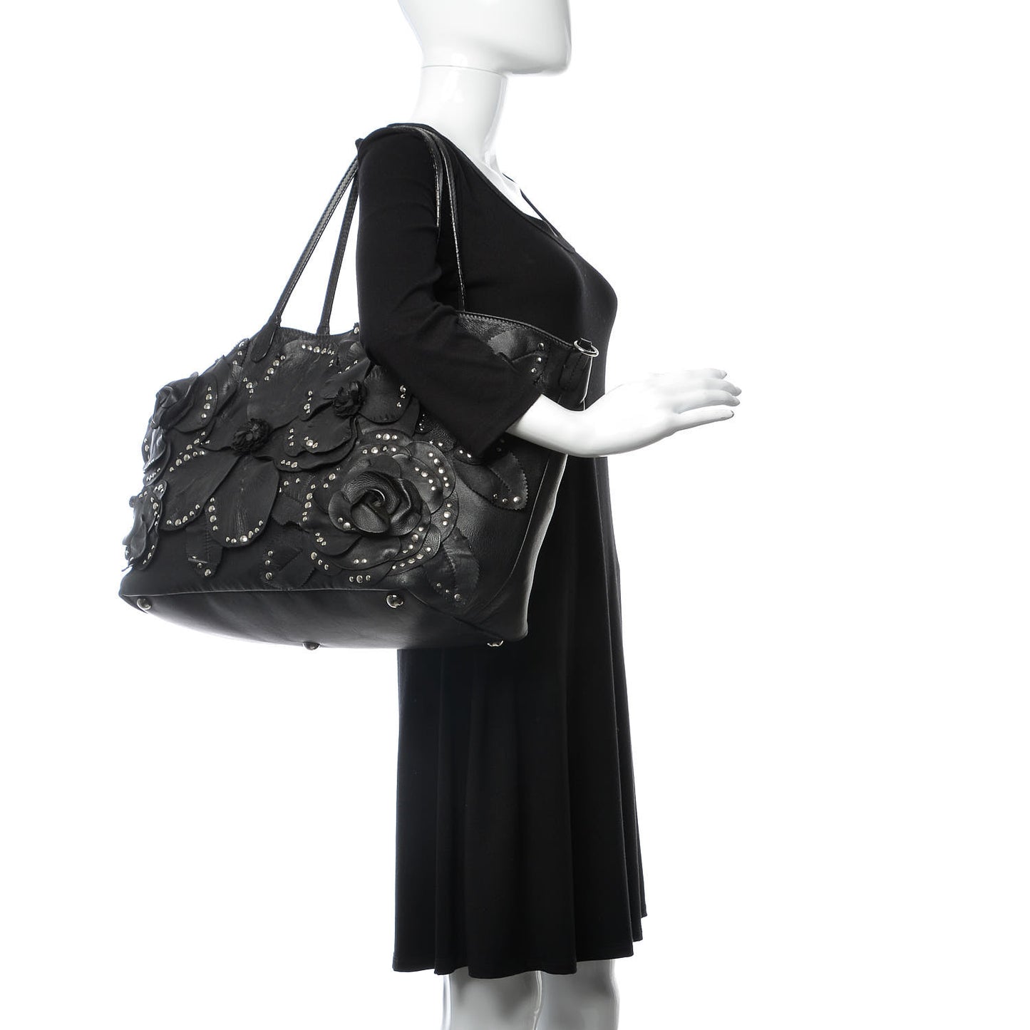 Nappa Studded Rosette Tote Black