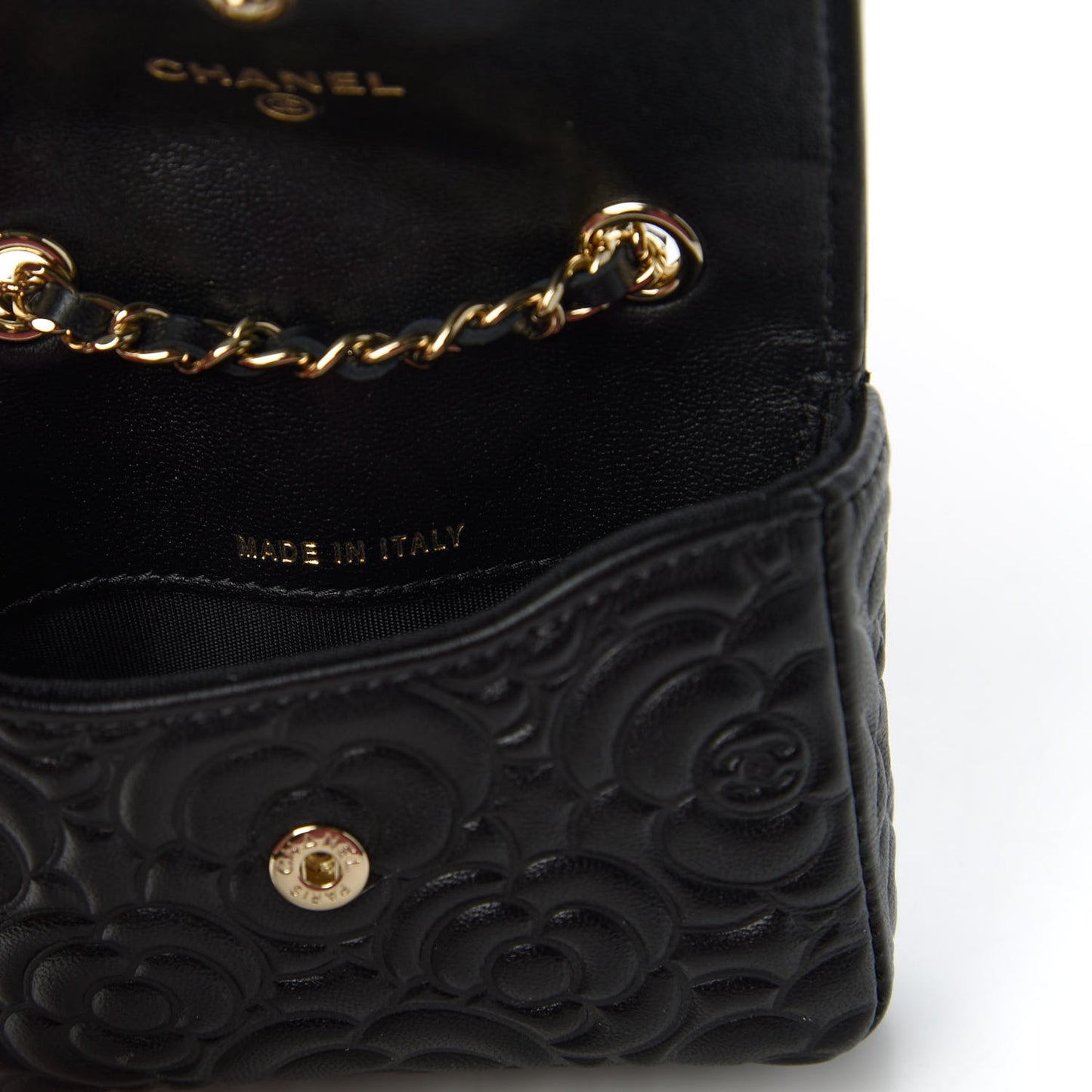 Lambskin Camellia Embossed Chain Belt Bag Black