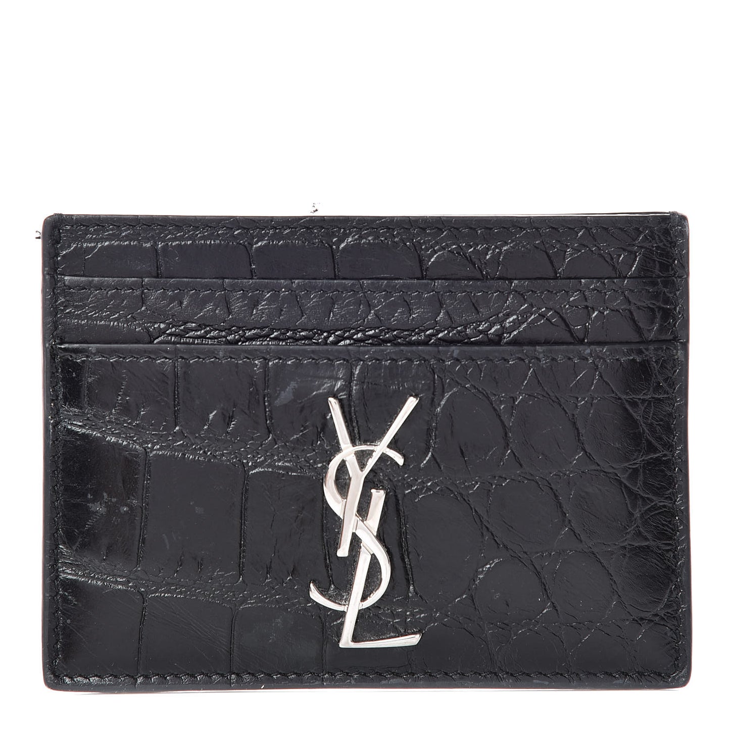 Calfskin Crocodile Embossed Monogram Credit Card Case Black