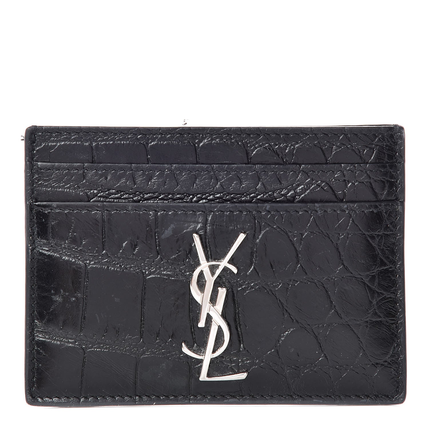 Saint Laurent Calfskin Crocodile Embossed Monogram Credit Card Case Black 1 of 8