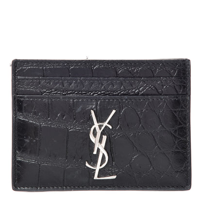 Saint Laurent Calfskin Crocodile Embossed Monogram Credit Card Case Black 1 of 8