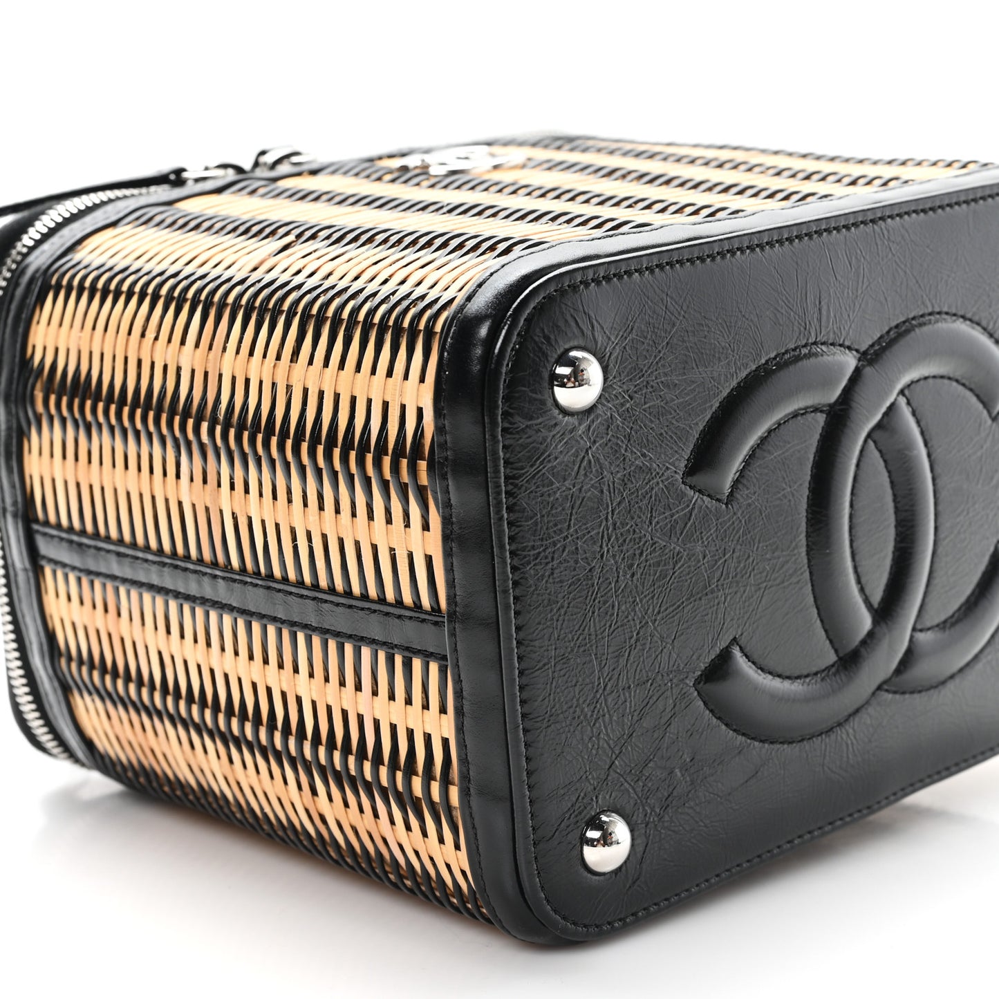 Glazed Calfskin Raffia Vanity Case Bag Black Beige