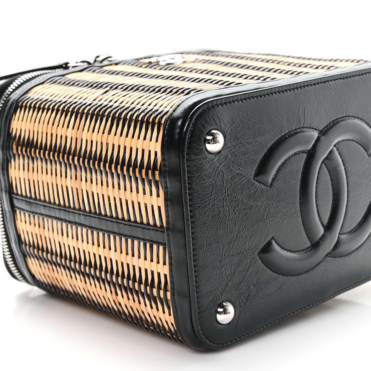 Chanel Glazed Calfskin Raffia Vanity Case Bag Black Beige 9 of 10