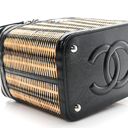 Chanel Glazed Calfskin Raffia Vanity Case Bag Black Beige 9 of 10