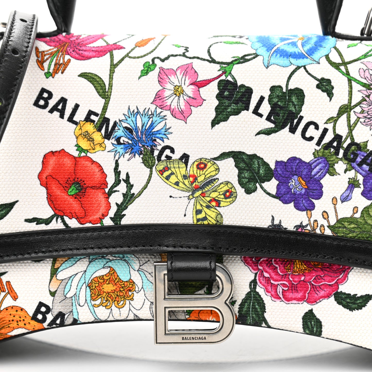 X GUCCI Canvas Boarded Plutone Calfskin Flora Logo Print Small Hourglass Top Handle Bag White Multicolor Black