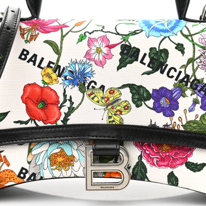 Balenciaga X GUCCI Canvas Boarded Plutone Calfskin Flora Logo Print Small Hourglass Top Handle Bag White Multicolor Black 8 of 9