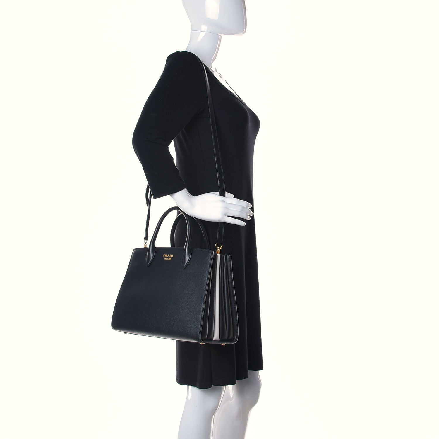 Prada Saffiano City Calfskin Medium Bibliothèque Top Handle Black White 2 of 14