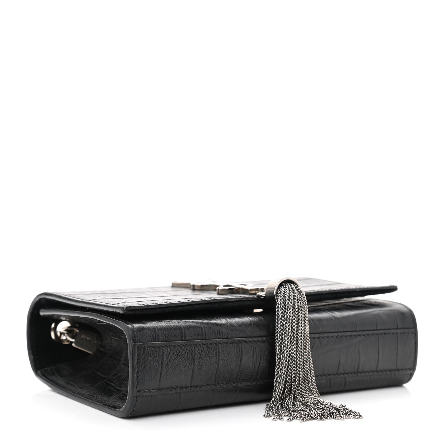 Saint Laurent Calfskin Crocodile Embossed Small Classic Monogram Kate Tassel Satchel Black 4 of 11