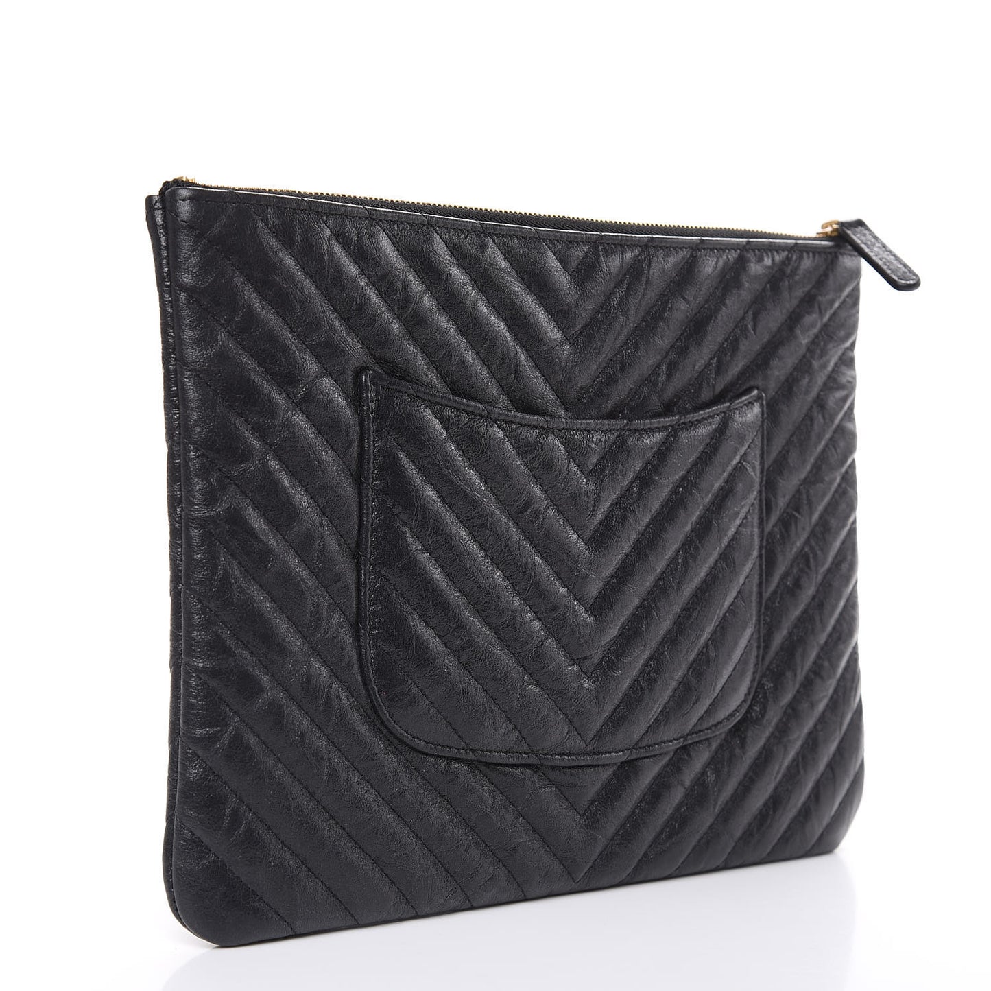 Crumpled Calfskin Chevron Quilted Medium Cosmetic Case Black