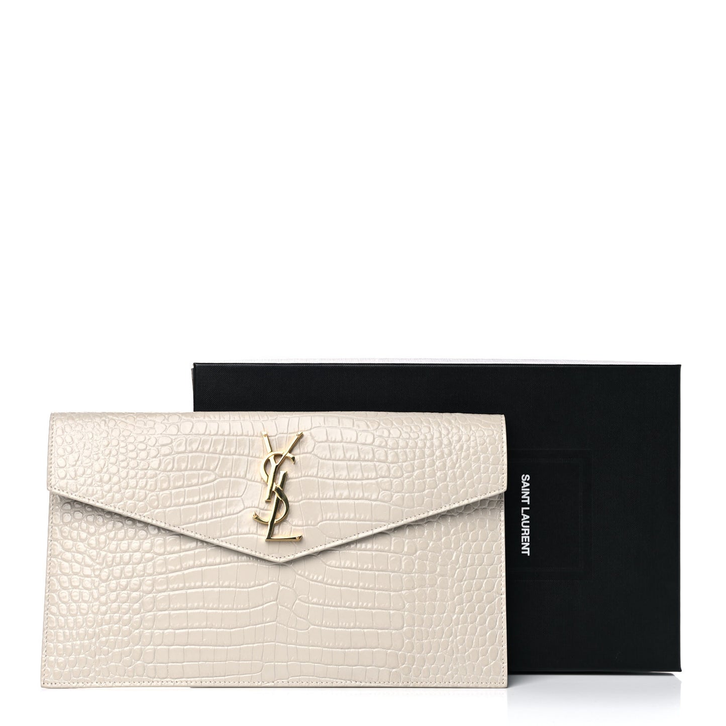 Calfskin Crocodile Embossed Uptown Monogram Pouch Crema Soft