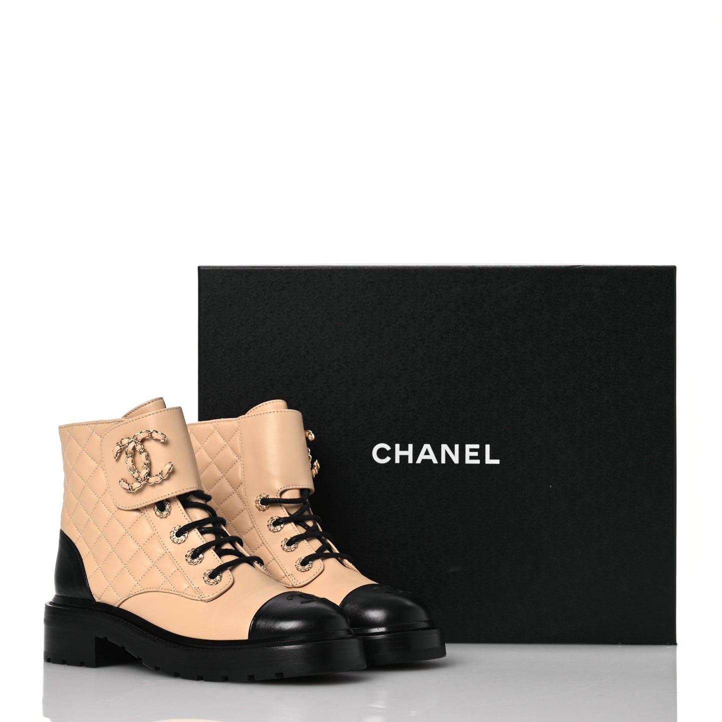 Lambskin Calfskin Quilted Lace Up Combat Boots 37 Beige Black