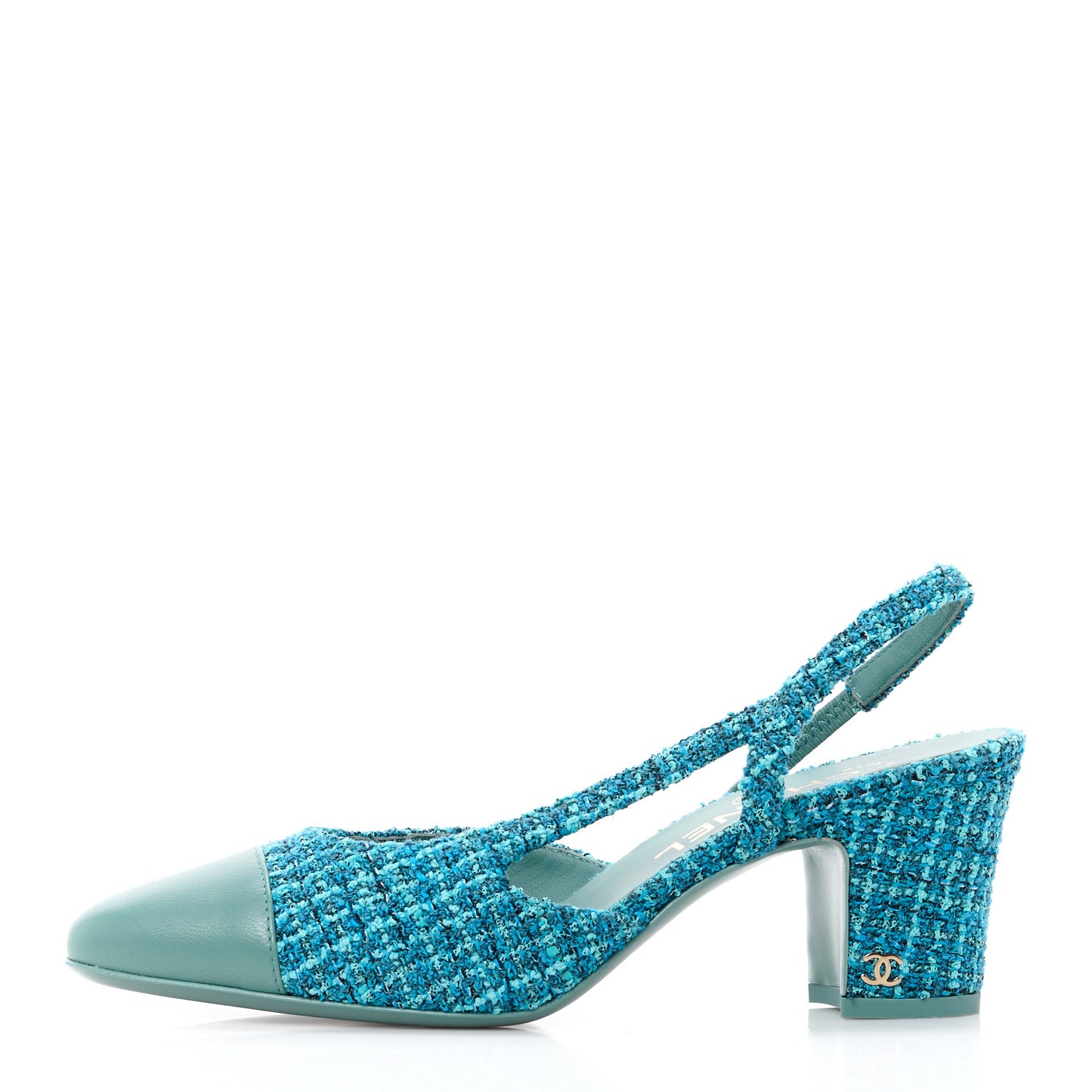 Tweed Lambskin Cap Toe CC Slingback Pumps 37 Blue Green