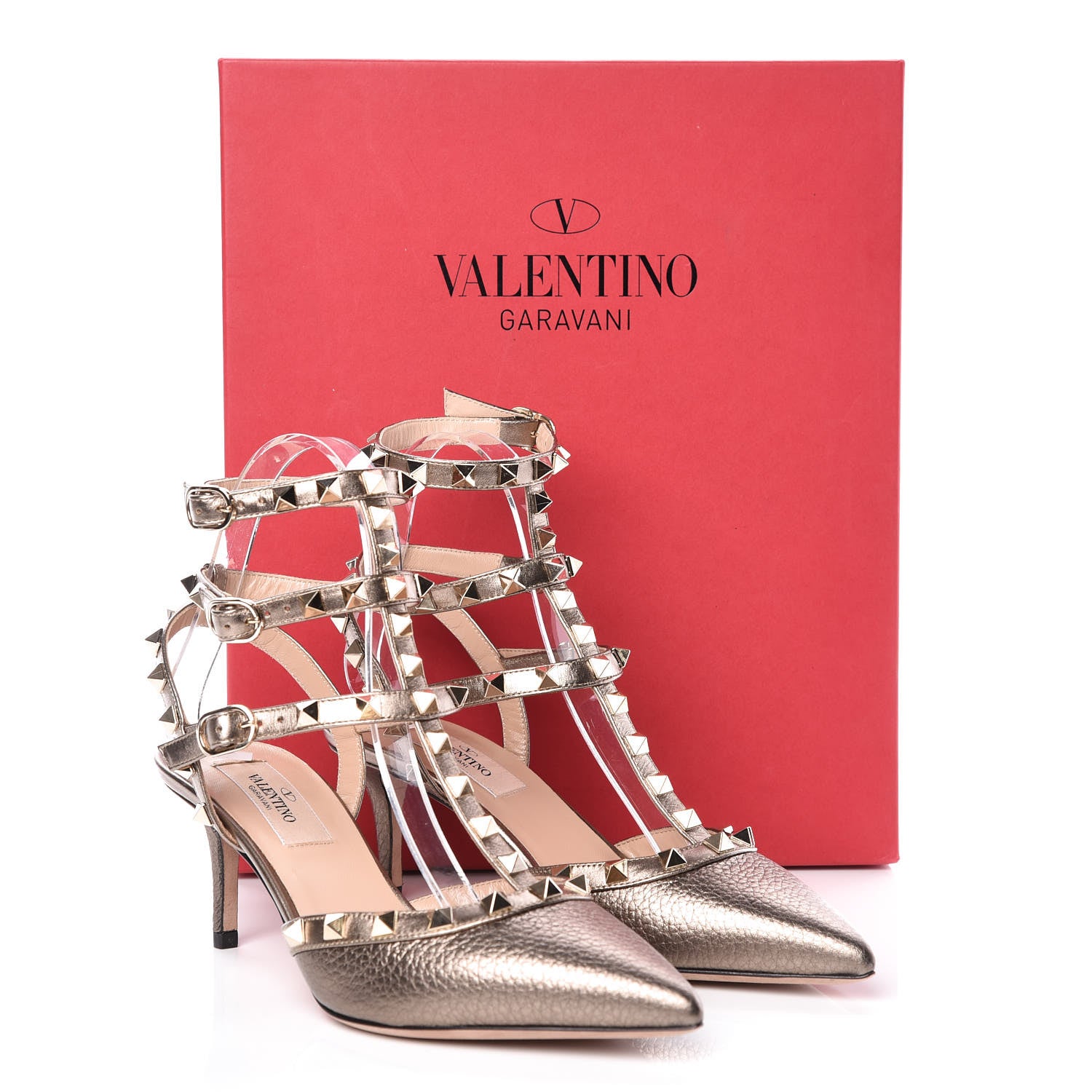 Valentino Garavani Metallic Pebbled Calfskin Rockstud Ankle Strap 65mm Pumps 36 Sasso 9 of 9
