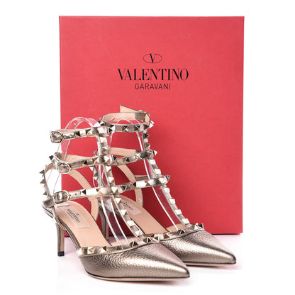 Valentino Garavani Metallic Pebbled Calfskin Rockstud Ankle Strap 65mm Pumps 36 Sasso 9 of 9