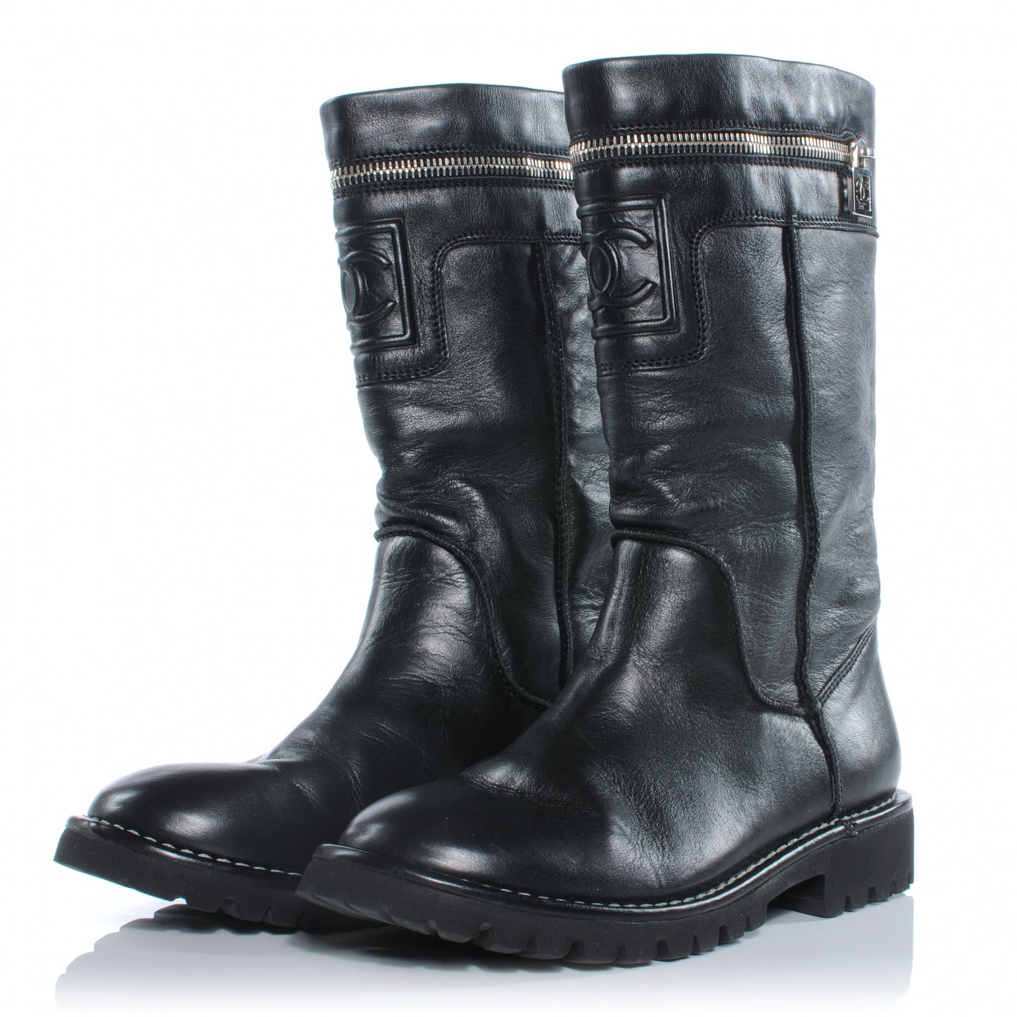 Leather Motorcycle Zipper Boots 35.5 Black