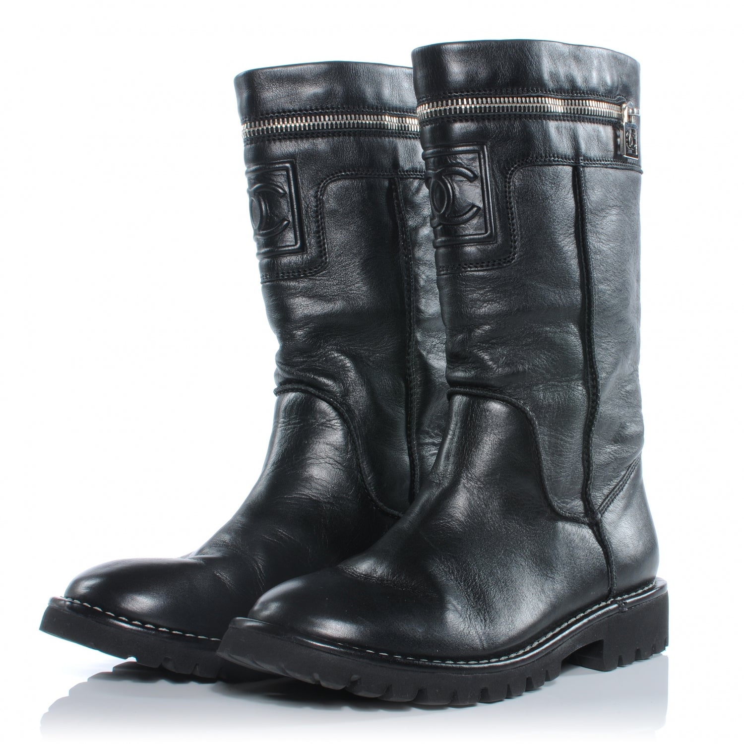 Chanel Leather Motorcycle Zipper Boots 35.5 Black 2 of 6