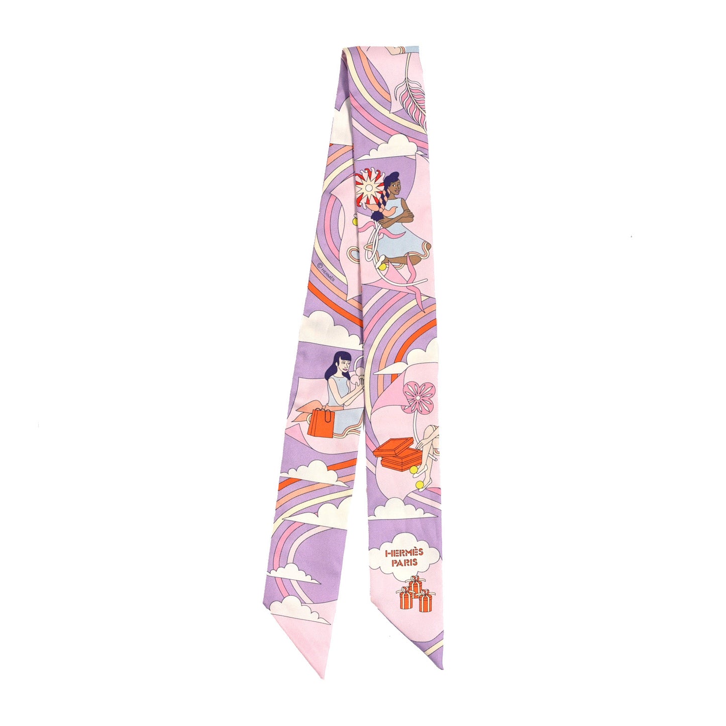 Silk Carres Volants Twilly Lilas Rose Pale Or