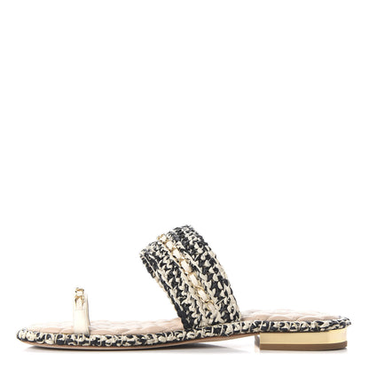 Chanel Raffia Lambskin Woven Chain CC Toe Ring Sandals 41.5 Black Beige 1 of 11