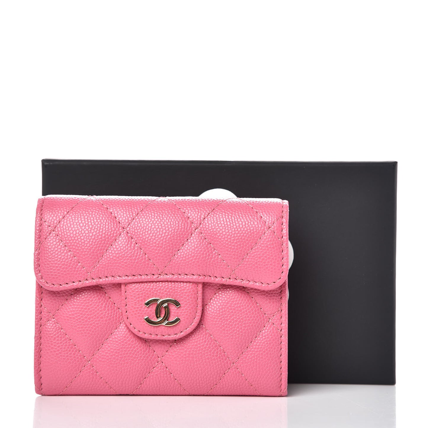 Caviar Quilted Flap Card Holder Wallet Pink